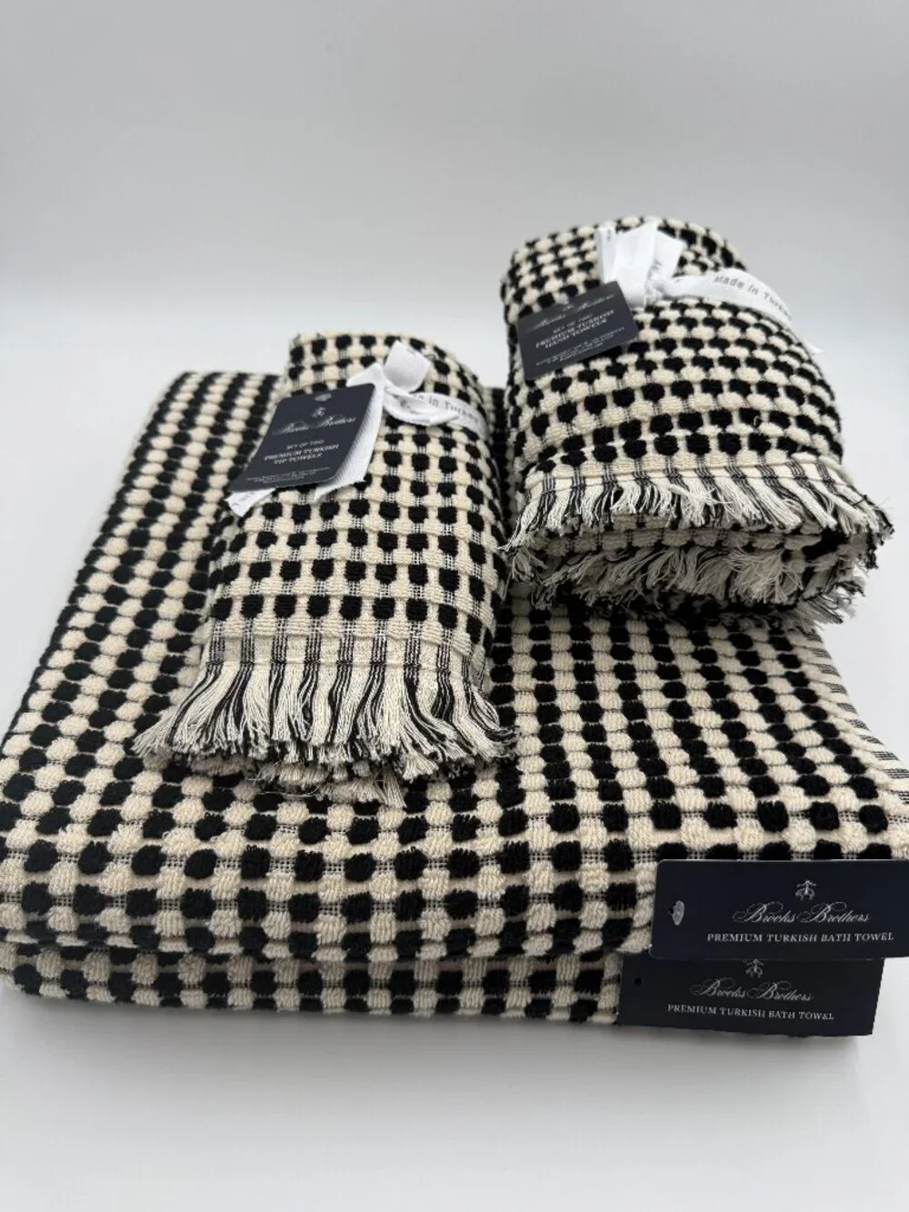 Brooks Brothers 6 Pc Premium Turkish Bath Hand Tip Towel Set Black Ivory NWT